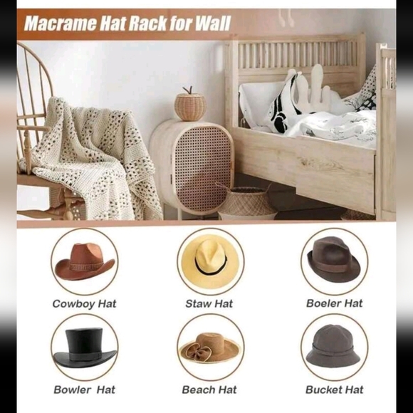 Macrame Hat Hanger for Wall Storage Beige Bohemian Beaded Tassel 1 piece - Picture 6 of 6